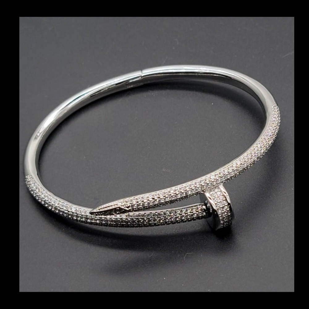 Cuff Bracelet Nails style with CZ, 18K White Gold over stainless steel base